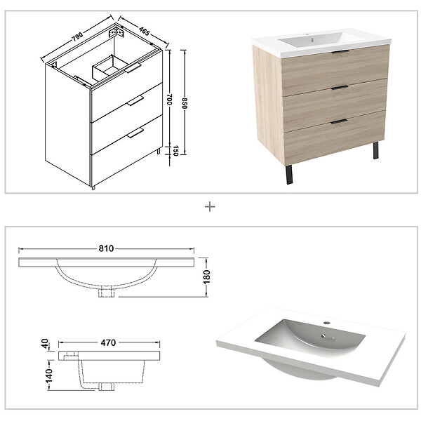 AICA SANITAIRE - AICA Meuble de salle de bain mural avec pieds Chêne 80 cm - 3 tiroirs, lavabo inclus - large