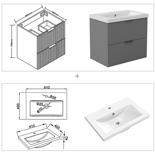 AICA SANITAIRE - AICA Meuble de salle de bain mural Anthracite 60 cm - 2 tiroirs, lavabo inclus - large