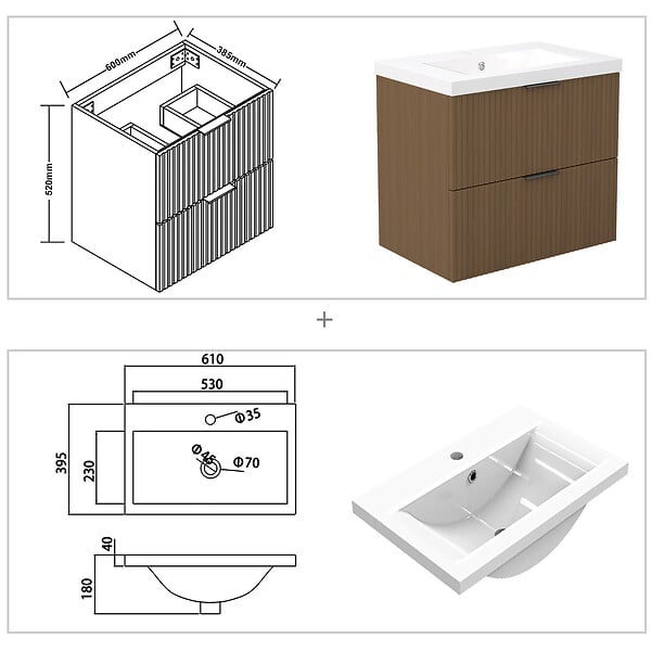 AICA SANITAIRE - AICA Meuble de salle de bain mural 60 cm Noyer - 2 tiroirs + Lavabo Céramique - large