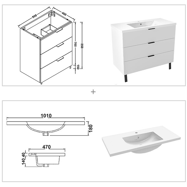 AICA SANITAIRE - AICA Meuble de salle de bain mural avec pieds Blanc 100 cm - 3 tiroirs, lavabo inclus - large