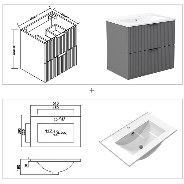 AICA SANITAIRE - AICA Meuble de salle de bain mural 60 cm Anthracite - 2 tiroirs, lavabo céramique, Panneau AICA Sanitaire - large