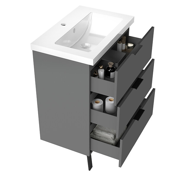 AICA SANITAIRE - AICA Meuble de salle de bain mural avec pieds Anthracite 60 cm - 3 tiroirs, lavabo inclus - large