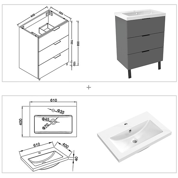 AICA SANITAIRE - AICA Meuble de salle de bain mural avec pieds Anthracite 60 cm - 3 tiroirs, lavabo inclus - large