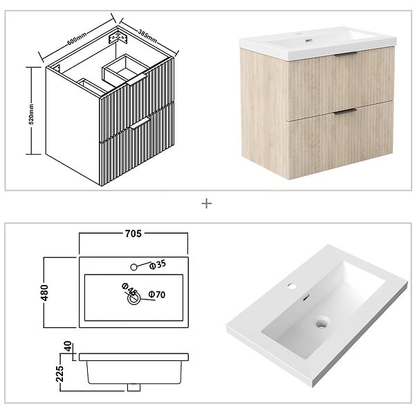 AICA SANITAIRE - AICA Meuble de salle de bain mural 60 cm Chêne - 2 tiroirs, lavabo (jointless & résistant) - large