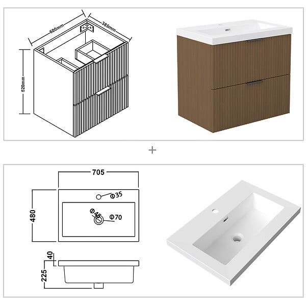 AICA SANITAIRE - AICA Meuble de salle de bain mural 60 cm Noyer - 2 tiroirs, lavabo (jointless & résistant) - large