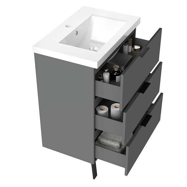 AICA SANITAIRE - AICA Meuble de salle de bain mural avec pieds 60 cm Anthracite - 3 tiroirs + Lavabo Céramique - large