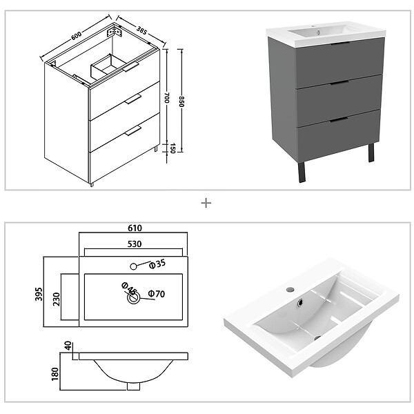 AICA SANITAIRE - AICA Meuble de salle de bain mural avec pieds 60 cm Anthracite - 3 tiroirs + Lavabo Céramique - large