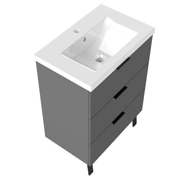 AICA SANITAIRE - AICA Meuble de salle de bain mural avec pieds 60 cm Anthracite - 3 tiroirs + Lavabo Céramique - large