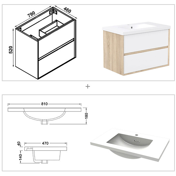 AICA SANITAIRE - Meuble de Salle de Bain Suspendu 80cm - Blanc et Chêne - 2 Tiroirs - Lavabo - Montage Détachable - large