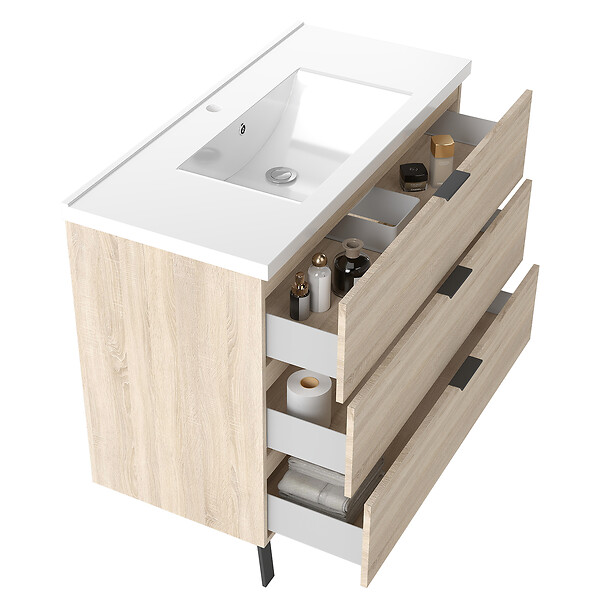 AICA SANITAIRE - AICA Meuble de salle de bain mural avec pieds 100 cm  Chêne - 3 tiroirs + Lavabo Céramique - large