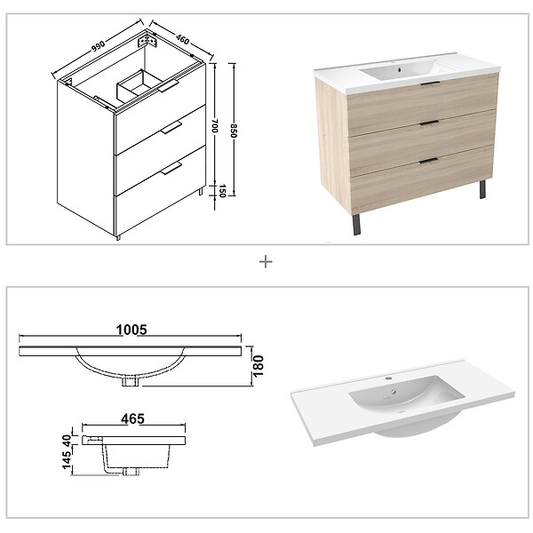 AICA SANITAIRE - AICA Meuble de salle de bain mural avec pieds 100 cm  Chêne - 3 tiroirs + Lavabo Céramique - large