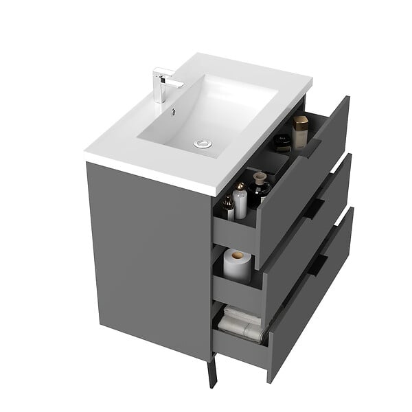 AICA SANITAIRE - AICA Meuble de salle de bain mural avec pieds Anthracite 80 cm - 3 tiroirs, lavabo inclus - large