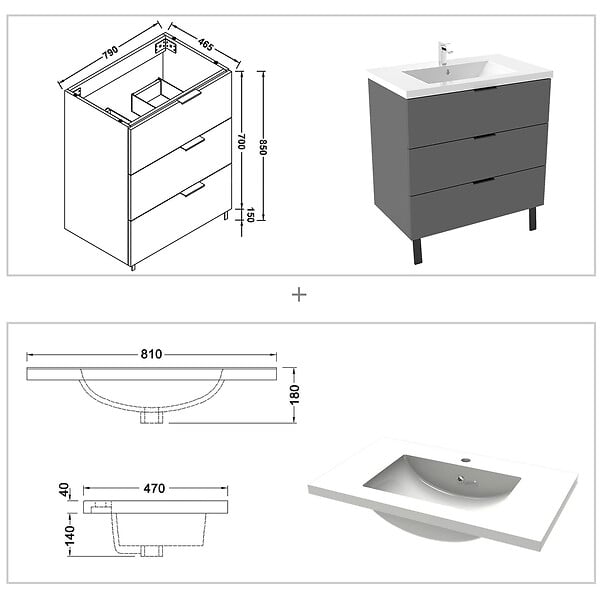 AICA SANITAIRE - AICA Meuble de salle de bain mural avec pieds Anthracite 80 cm - 3 tiroirs, lavabo inclus - large