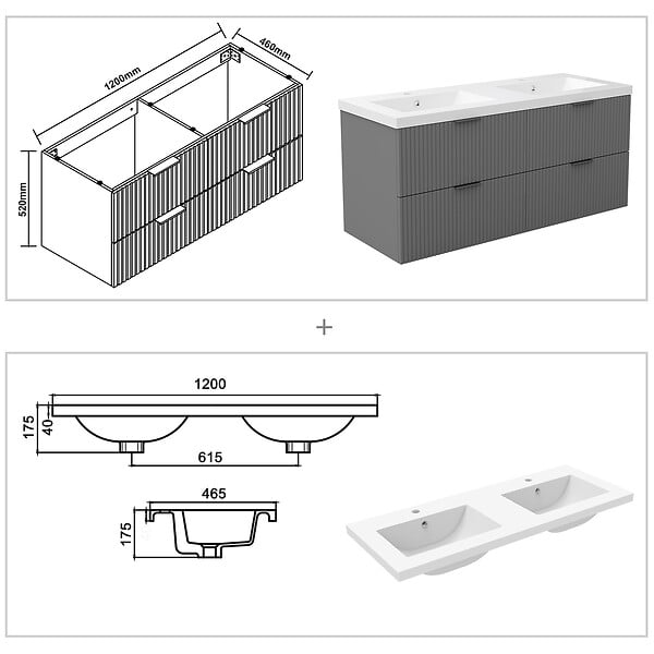 AICA SANITAIRE - AICA Meuble de salle de bain mural Anthracite 120 cm - 4 tiroirs, lavabo inclus - large