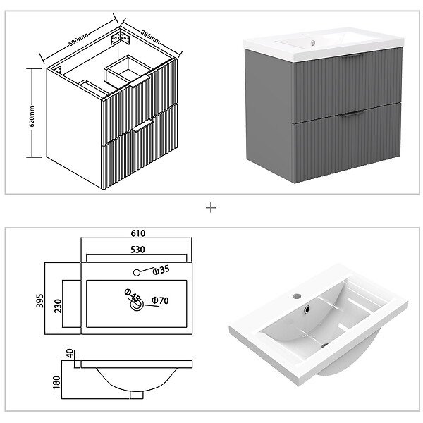 AICA SANITAIRE - AICA Meuble de salle de bain mural 60 cm Anthracite - 2 tiroirs + Lavabo Céramique - large