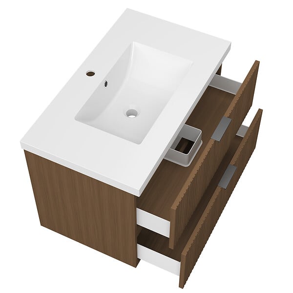 AICA SANITAIRE - AICA Meuble de salle de bain mural Noyer 80 cm - 2 tiroirs, lavabo inclus - large