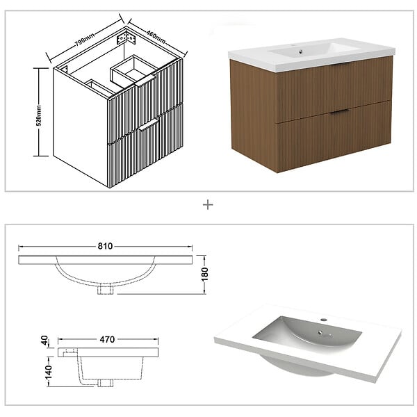 AICA SANITAIRE - AICA Meuble de salle de bain mural Noyer 80 cm - 2 tiroirs, lavabo inclus - large