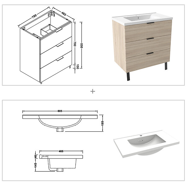 AICA SANITAIRE - AICA Meuble de salle de bain mural avec pieds 80 cm  Chêne - 3 tiroirs + Lavabo Céramique - large