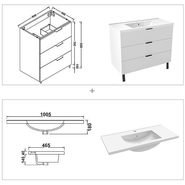 AICA SANITAIRE - AICA Meuble de salle de bain mural avec pieds 100 cm Blanc - 3 tiroirs + Lavabo Céramique - large