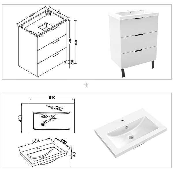 AICA SANITAIRE - AICA Meuble de salle de bain mural avec pieds Blanc 60 cm - 3 tiroirs, lavabo inclus - large