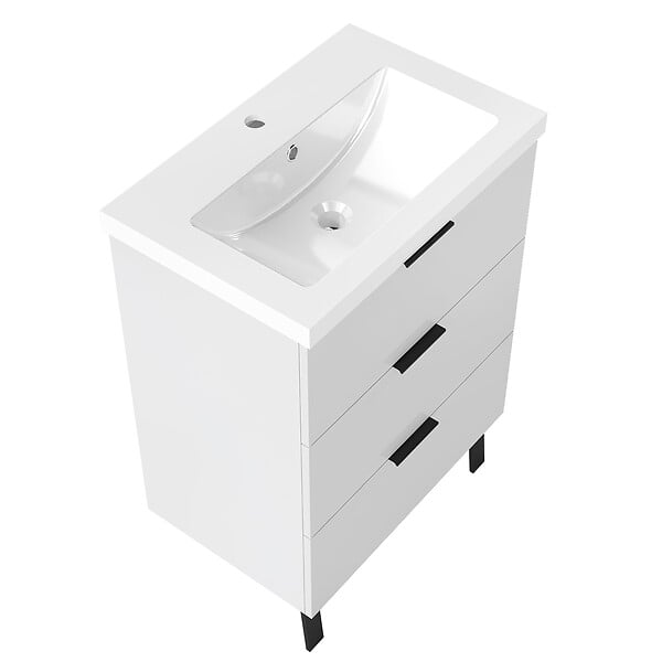 AICA SANITAIRE - AICA Meuble de salle de bain mural avec pieds Blanc 60 cm - 3 tiroirs, lavabo inclus - large