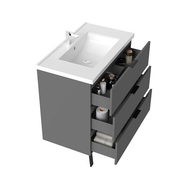 AICA SANITAIRE - AICA Meuble de salle de bain mural avec pieds 80 cm Anthracite - 3 tiroirs + Lavabo Céramique - large