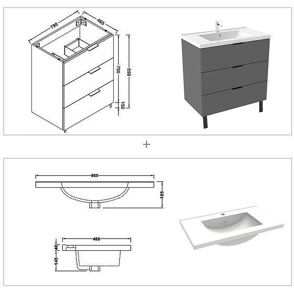 AICA SANITAIRE - AICA Meuble de salle de bain mural avec pieds 80 cm Anthracite - 3 tiroirs + Lavabo Céramique - large