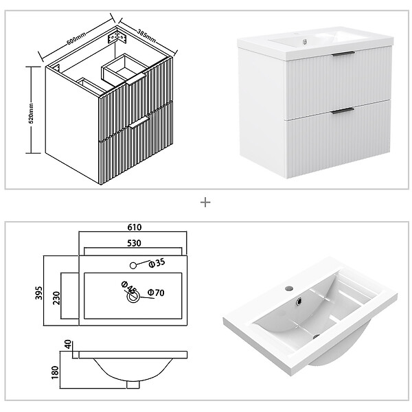 AICA SANITAIRE - AICA Meuble de salle de bain mural 60 cm Blanc - 2 tiroirs + Lavabo Céramique - large