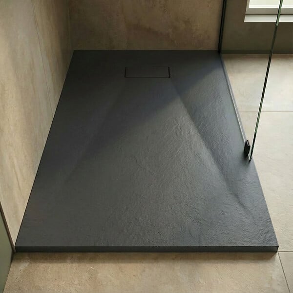 CERAMIA - Ceramia Essential 140x80 cm receveur de douche rectangulaire à poser SMC avec surface effet pierre, gris (CERAES14080DG) - large