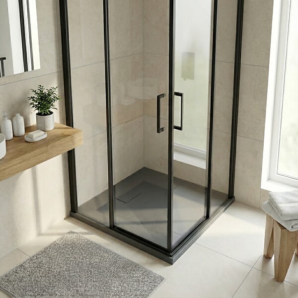 CERAMIA - Ceramia Essential 90x90 cm receveur de douche carré à poser SMC avec surface effet pierre, gris (CERAES9090DG) - large