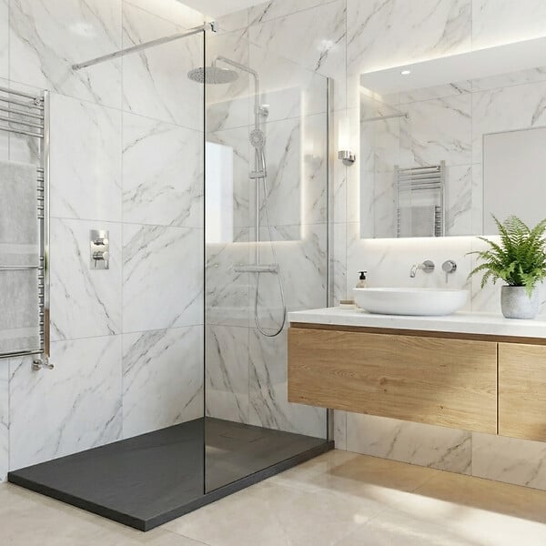CERAMIA - Essential 120x80 cm receveur de douche rectangulaire à poser SMC avec surface effet pierre, gris (CERAES12080DG) - large