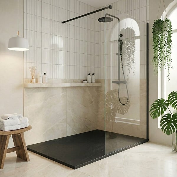 CERAMIA - Ceramia PixL 120x90 cm receveur de douche rectangulaire à poser en résine composite, surface effet pierre, noir (CERAPX12090B) - large