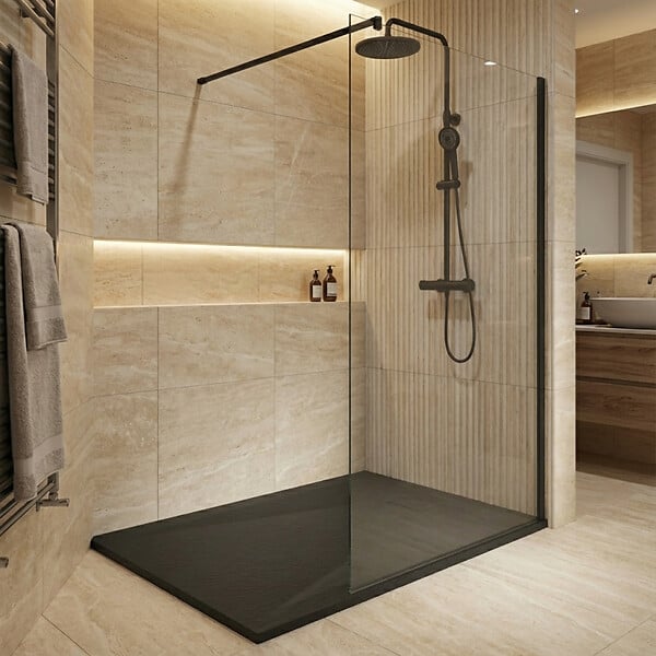 CERAMIA - Essential 140x90 cm receveur de douche rectangulaire à poser SMC avec surface effet pierre, noir (CERAES14090B) - large