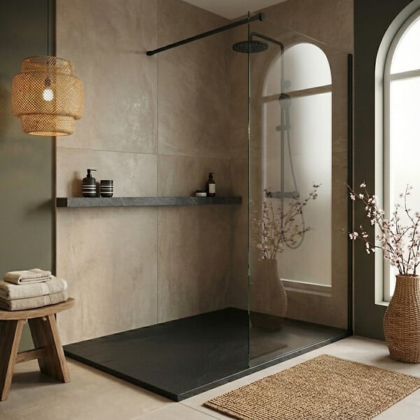 CERAMIA - Essential 120x80 cm receveur de douche rectangulaire à poser SMC avec surface effet pierre, noir (CERAES12080B) - large