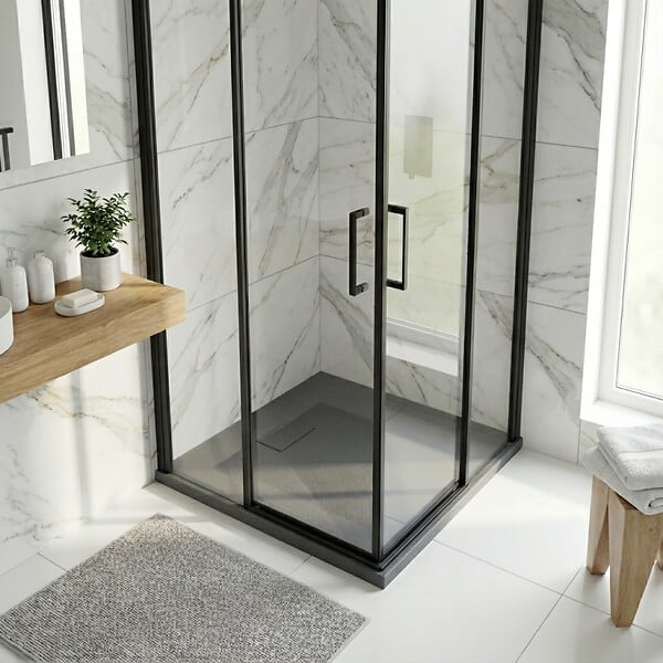 CERAMIA - Essential 80x80 cm receveur de douche carré à poser SMC avec surface effet pierre, gris (CERAES8080DG) - large