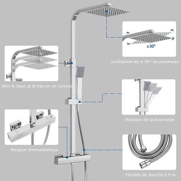 AICA SANITAIRE - Colonne de douche thermostatique 200mm, kit carré chromé AICA - large