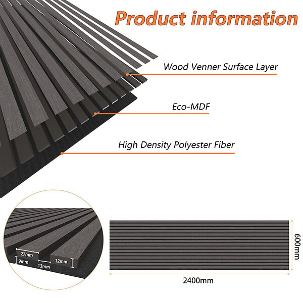 AICA SANITAIRE - Lot de 2 Panneaux Muraux Décoratifs Acoustiques Bois MDF 240x60cm Chêne noir  AntiBruit, Facile à Poser - large