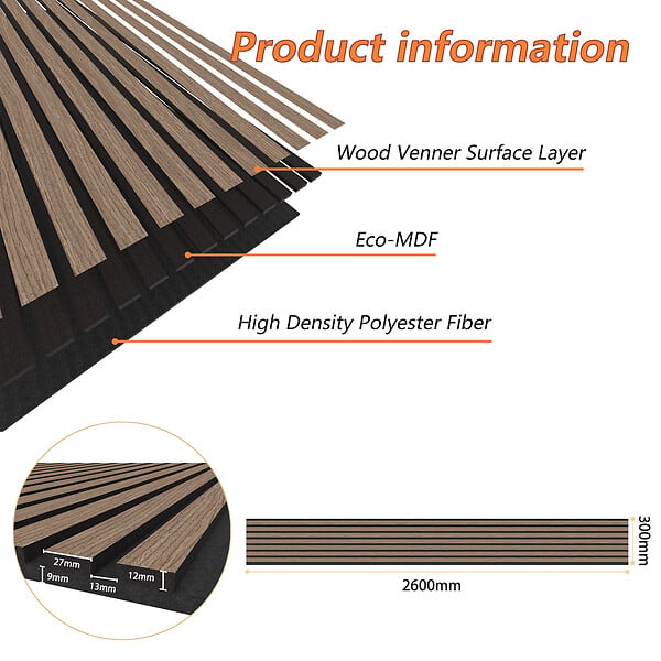 AICA SANITAIRE - Lot de 2 Panneaux Muraux Décoratifs Acoustiques Bois MDF 260x30cm Teinte chêne noyer, Facile à Poser - large