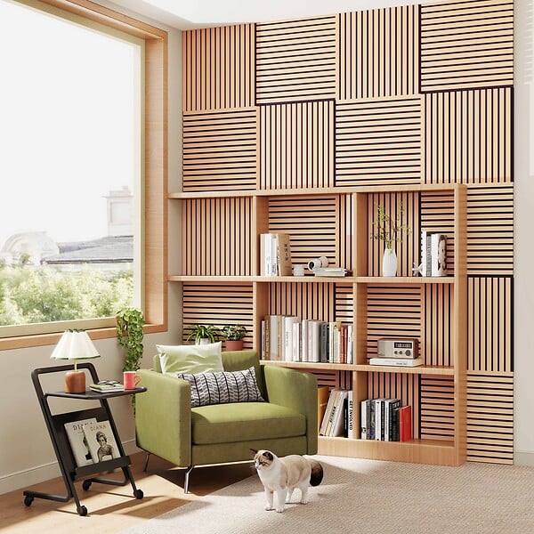 AICA SANITAIRE - Lot de 4 Panneaux Muraux Décoratifs Acoustiques Bois MDF 60x60cm  Chêne foncé  AntiBruit, Facile à Poser - large