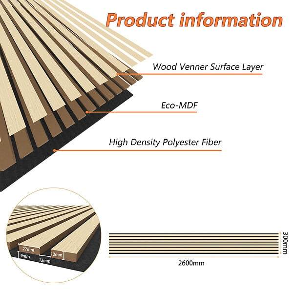 AICA SANITAIRE - Lot de 2 Panneaux Muraux Décoratifs Acoustiques Bois MDF 260x30cm Chêne naturel  AntiBruit, Facile à Poser - large