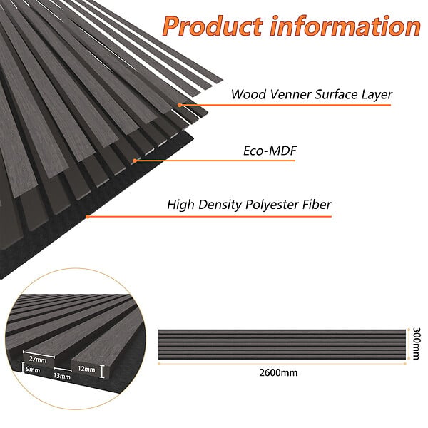 AICA SANITAIRE - Lot de 2 Panneaux Muraux Décoratifs Acoustiques Bois MDF 260x30cm Chêne noir  AntiBruit, Facile à Poser - large
