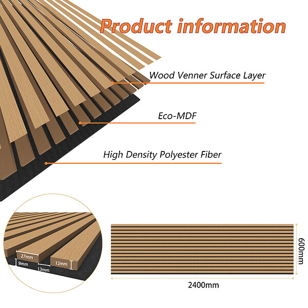 AICA SANITAIRE - Lot de 3 Panneaux Muraux Décoratifs Acoustiques Bois MDF 240x60cm Chêne foncé  AntiBruit, Facile à Poser - large