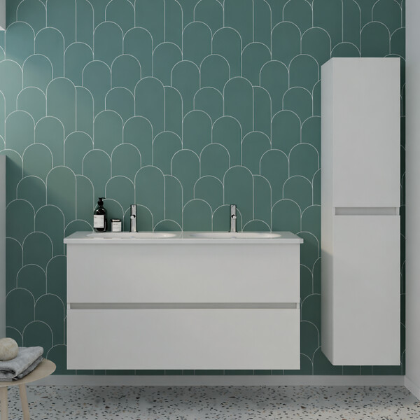 BURGBAD - Pack meuble de salle de bain double vasque 120 cm blanc mat Joline + colonne - large