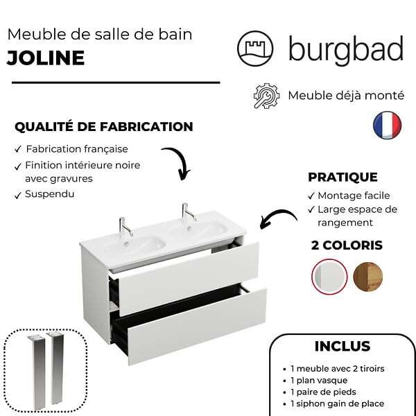 BURGBAD - Pack meuble de salle de bain double vasque 120 cm blanc mat Joline + colonne - large