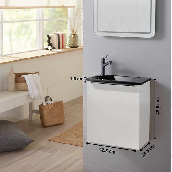 GODART - Pack lave-mains Blanc Mat et poignée noire avec lave-mains extra fin noir - Robinet Eau froide à gauche -L.42.5 X H.48.6cm - large