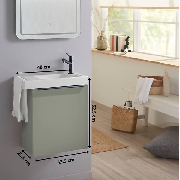 GODART - Meuble lave-mains Vert avec poignée noire et porte serviette - Mitigeur à droite - L.48 X H. 52.5 cm - Houston 2 - large