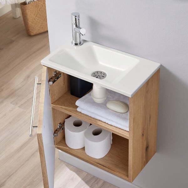 GODART - Pack lave-mains Bois Strié avec vasque design blanche - Robinetterie Eau froide à gauche - L.42.5 X H. 48.6 cm - Hanos - large