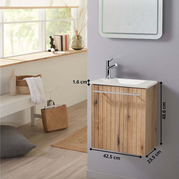 GODART - Pack lave-mains Bois Strié avec vasque design blanche - Robinetterie Eau froide à gauche - L.42.5 X H. 48.6 cm - Hanos - large