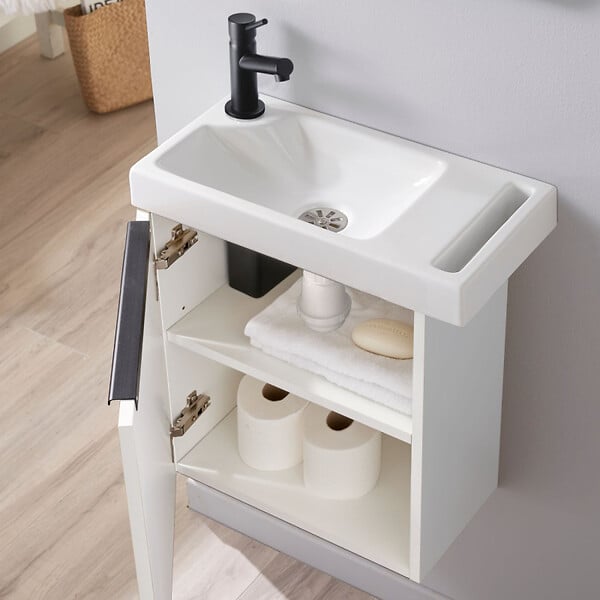 GODART - Pack lave-mains Meuble Blanc Mat avec poignée noire et porte serviette - robinet eau froide à gauche - L.48 X H.52.5 cm - large