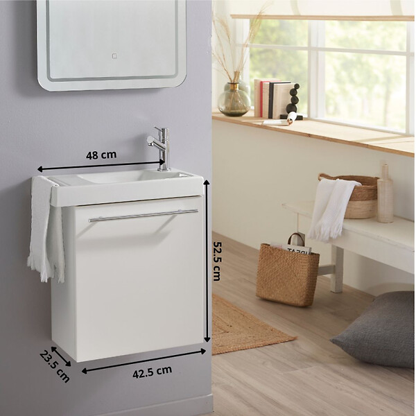 GODART - Pack lave-mains Blanc mat avec porte serviette - Mitigeur à droite - L.48 X H. 52.5 cm - Houston 2 - large